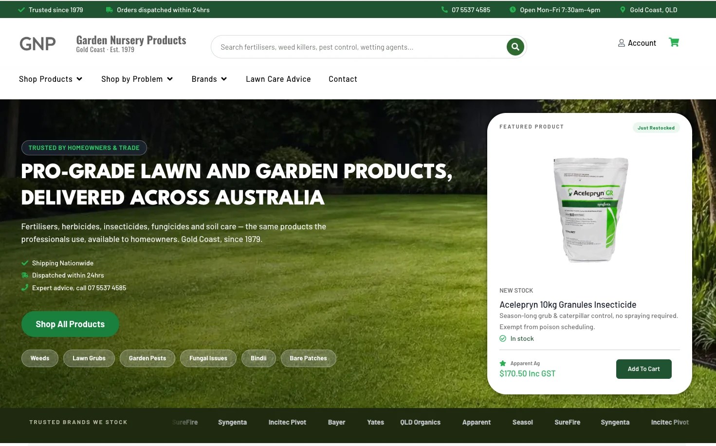 Garden Nursery Products homepage: pro-grade lawn and garden products delivered across Australia, with featured product and trusted brands