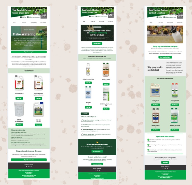 Three Garden Nursery Products email newsletters: Make Watering Count, spray failures come down to coverage and timing, and spray day starts before the spray