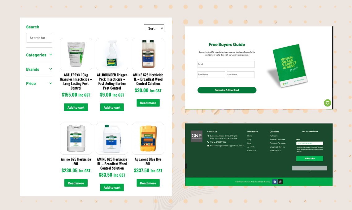 Garden Nursery Products website: product shop page, free Lawn Buyers Guide newsletter sign-up, and site footer