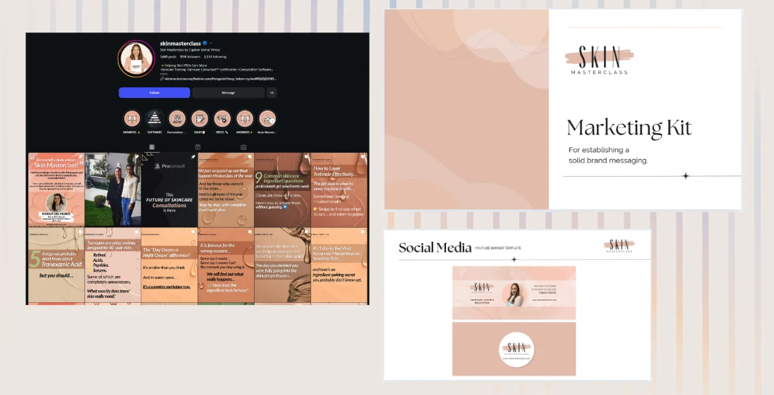 SkinMasterclass brand campaign samples: social screenshots, marketing kit, banner template